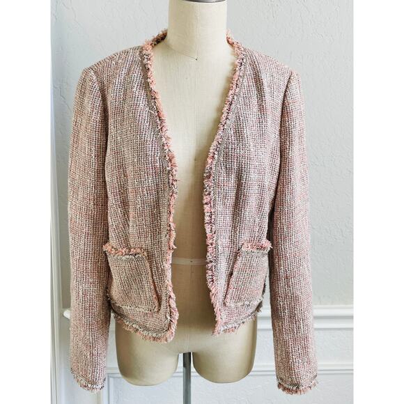 Rebecca Taylor Pink Tweed Fringe Trim Blazer Jacket Women’s Size 10 - Picture 11 of 12